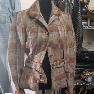 Ruty Plaid Wool-Blend Jacket with Faux Fur Trim Women's Size 6